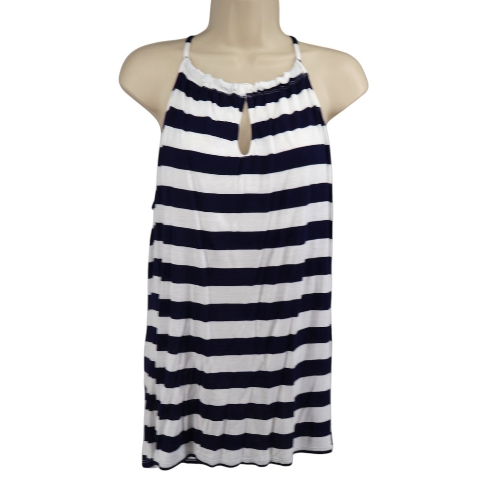 Navy White Stripe Halter Keyhole Tank Top Tie Neck NY&C New York & Company Sz L